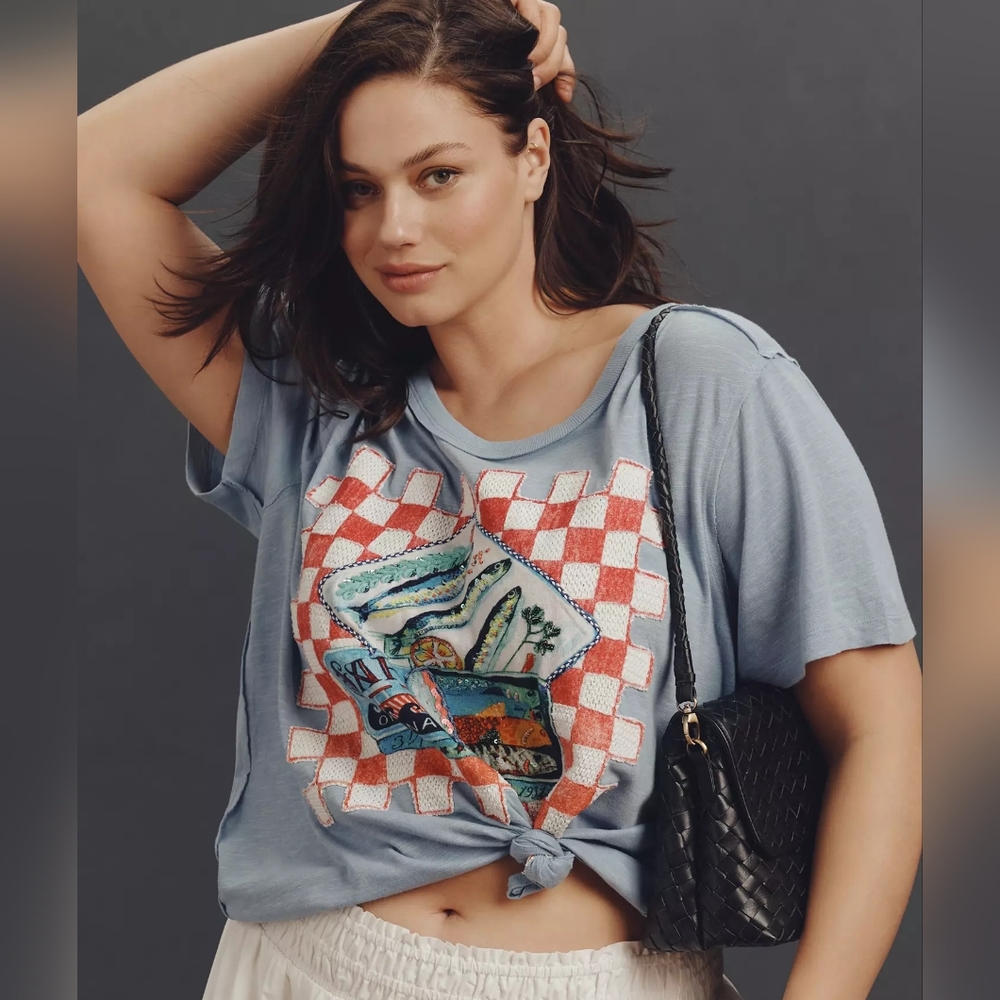 🪷NWT Anthropologie Maive Sardine Linen Blend Graphic Tee In Sardine Print, XL🌙 - Picture 7 of 9